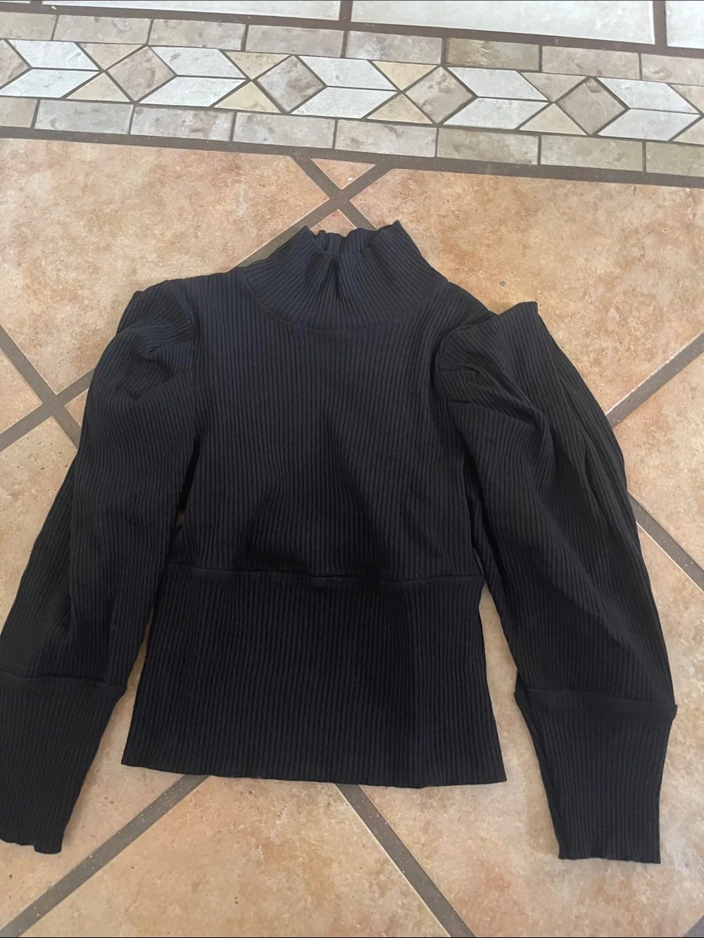 Free People Black Ribbed Puff-Sleeve Cropped Mock Neck Top